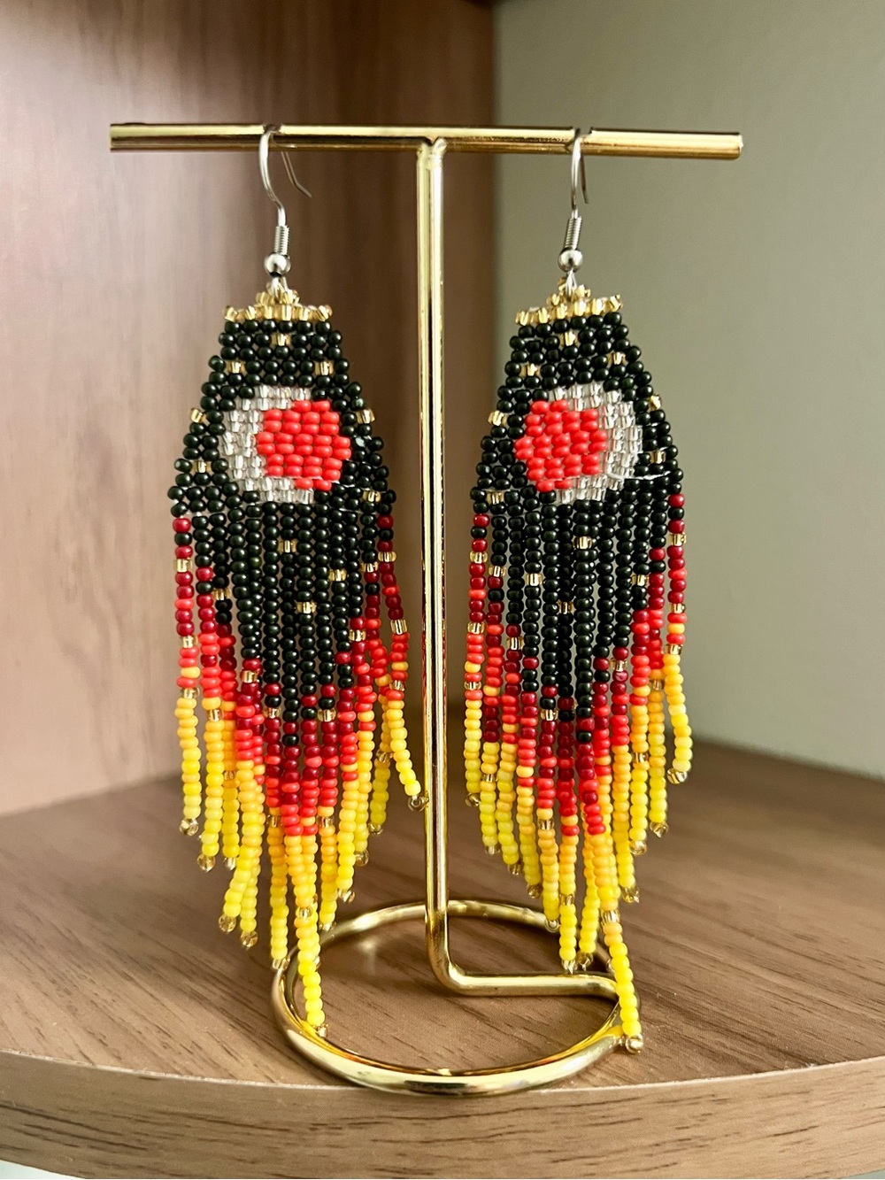Fiery Eclipse Sun and Moon Beaded Earrings Red
